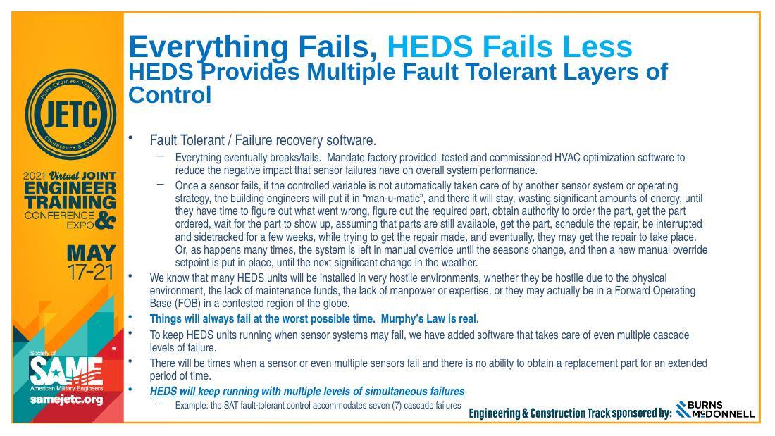 Everything fails, HEDS fails less: multiple fault-tolerant layers of control, failure-recovery software accommodating up to seven cascade levels of sensor failure, designed for hostile and forward-operating-base environments