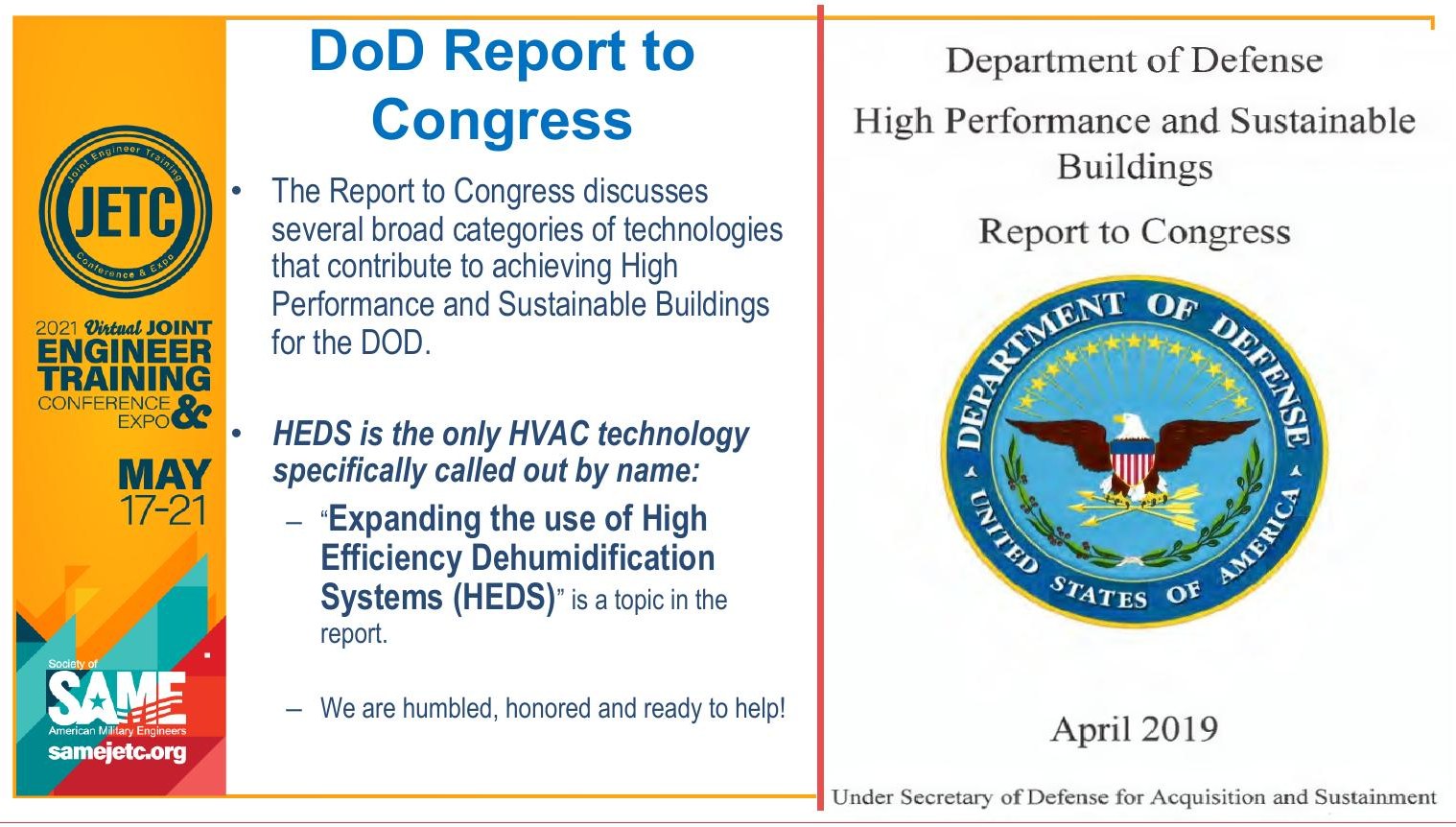 DoD Report to Congress slide: the April 2019 Department of Defense High Performance and Sustainable Buildings Report to Congress discusses broad categories of technologies — HEDS is the only HVAC technology specifically called out by name